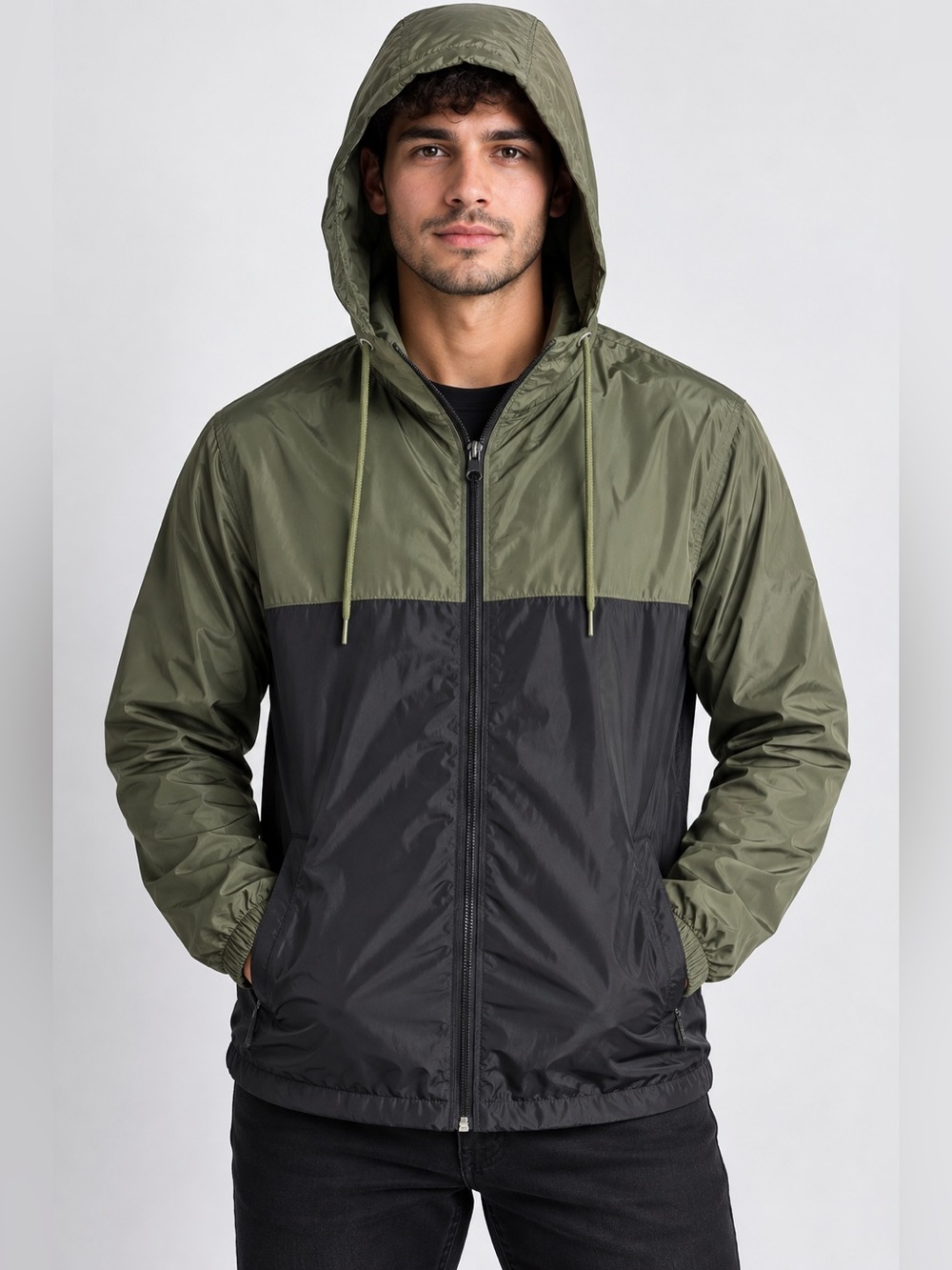 Beautiful Giant Olive Black Hooded Windbreaker Jacket Size S NWT